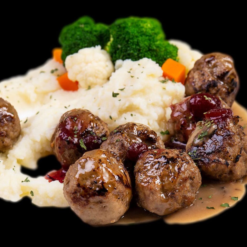 Side dishes - meatballs, mashed potatoes, and vegetables