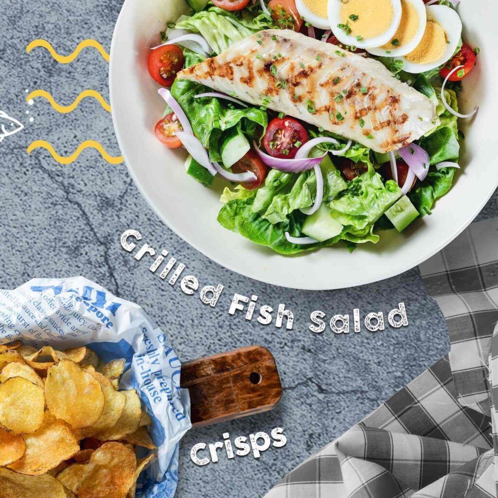 Grilled Fish salad with potato crisps