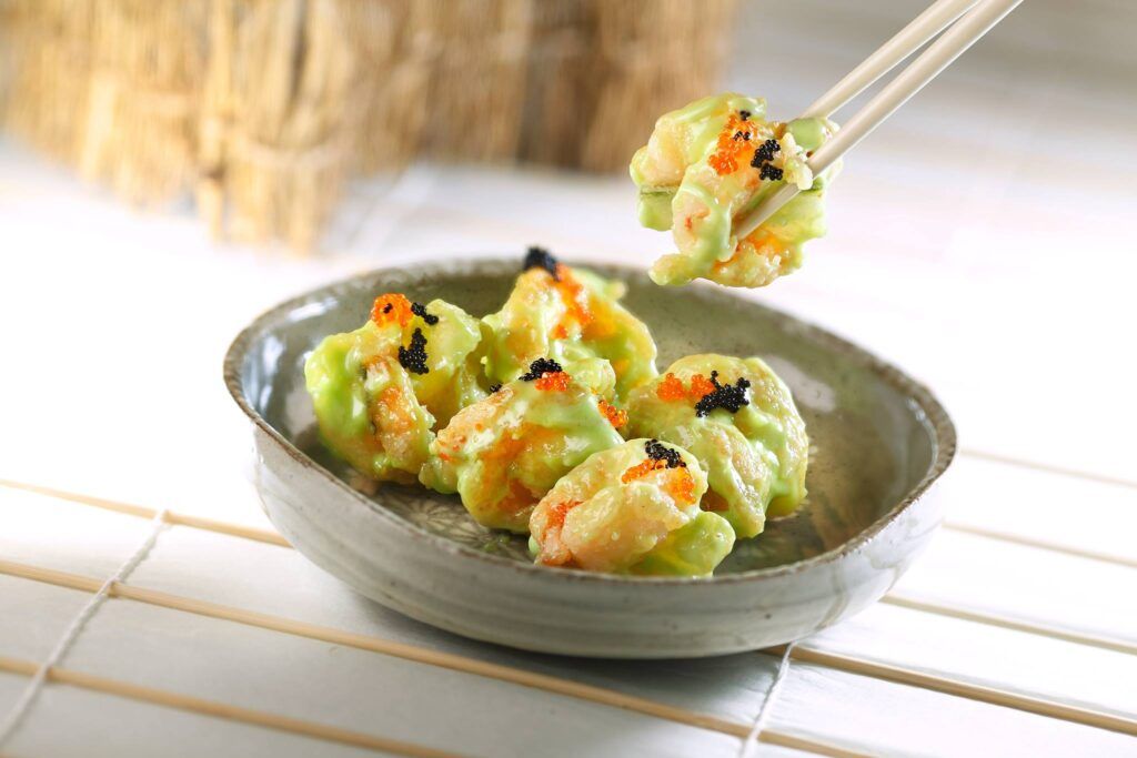 Deep-fried prawn with wasabi salad
